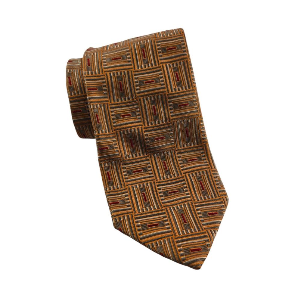 Ermenegildo Zegna 100% Silk Tie Basket Weave Geometric Copper Brown Red Luxury